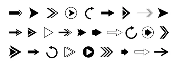 Icônes fléchées. Ensemble vectoriel de pointeurs noirs, curseurs, flèches, boutons de lecture — Image vectorielle