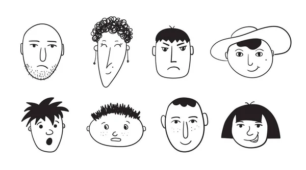 Rostros masculinos y femeninos dibujados a mano con diferentes emociones. Conjunto vectorial de bocetos de personajes — Archivo Imágenes Vectoriales