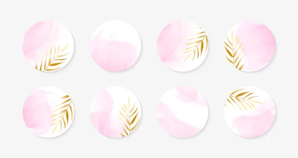 Vector evidenziare storia di copertura icone per instagram. Sfondi astratti cerchio con foglie dorate, macchie di acquerello rosa — Vettoriale Stock