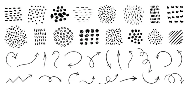 Ručně kreslené abstraktní vektorové textury a šipky. Minimální tečkované a pruhované grafické vzory pro kreativní design — Stockový vektor