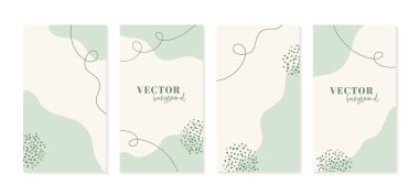 Minimalist instagram hikayeleri yeşil tarafsız renklerde. Soyut organik şekiller elle çizilmiş arka planlar ve metin için kopyalama alanı. Sosyal medya şablonları