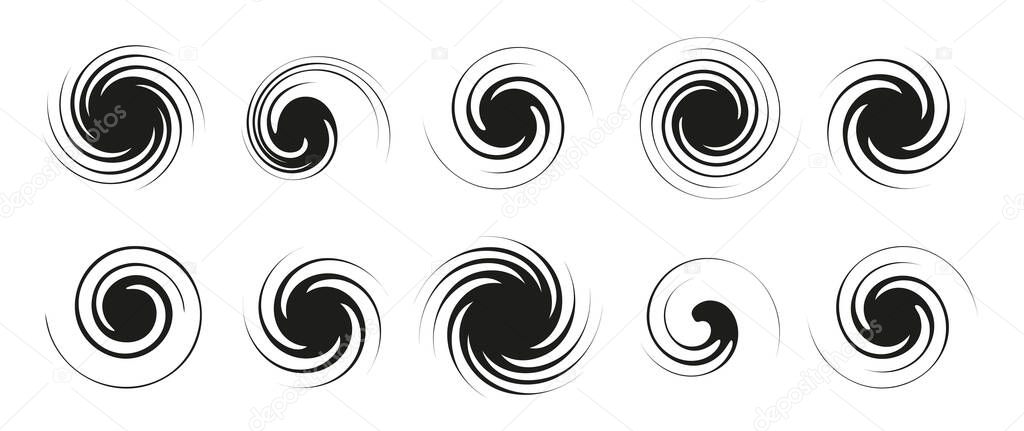 Spirals and swirls vector set. Geometric round twisted abstract design elements, icons