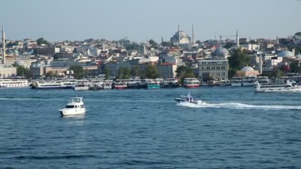 Turkish Police Boat Going Fast Golden Horn High Angle View — Stockvideo