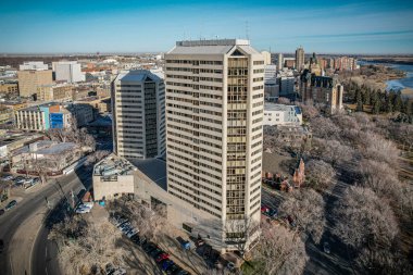Saskatchewan, Kanada 'daki Saskatoon şehrinin hava aracı görüntüsü