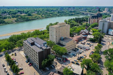 Saskatchewan, Kanada 'daki Saskatoon şehrinin hava aracı görüntüsü