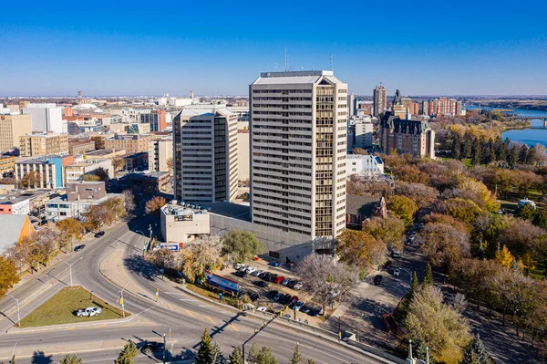 Aerial view of the downtown area of Saskatoon, Saskatchewan, Canada — Stock Photo, Image