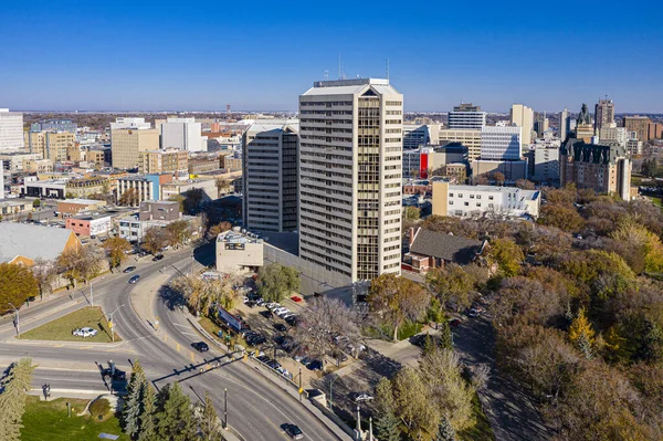 Vista aérea do centro da cidade de Saskatoon, Saskatchewan, Canadá — Fotografia de Stock