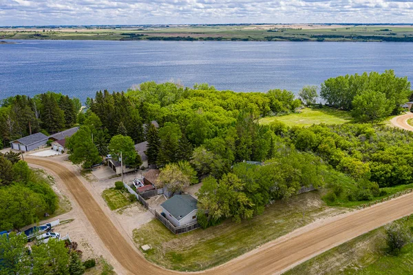 Veduta Aerea Drone Del Piccolo Borgo Shields Saskatchewan Sul Lago — Foto Stock