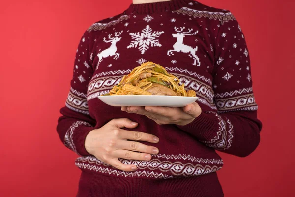 Cropped Closeup Photo Woman Red White Christmas Sweater Holding Large — Stock Photo, Image