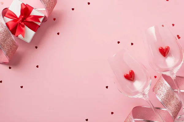 Top View Photo Valentine Day Dekoracje Brokat Różowy Kręcone Wstążka — Zdjęcie stockowe