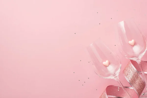 Foto Vista Dall Alto San Valentino Decorazioni Glitter Rosa Nastro — Foto Stock