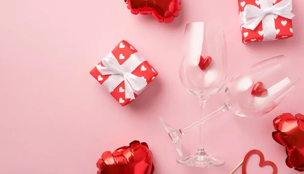 Top View Photo Valentine Day Decorations Small Hearts Two Wineglasses — Stock Photo, Image