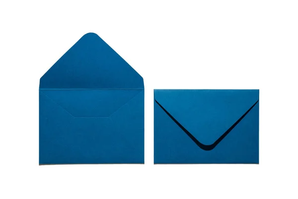 Top View Photo Two Open Closed Blue Envelopes Isolated White — Foto Stock