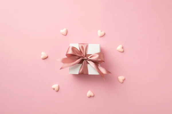 Top View Photo White Giftbox Pink Silk Ribbon Bow Surrounded — Stock Photo, Image