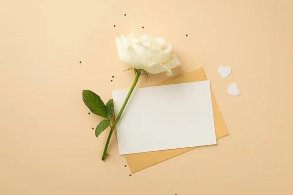 Top View Photo White Rose Card Pastel Yellow Envelope White — Stock Photo, Image