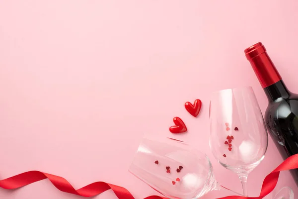 Top View Photo Valentine Day Decorations Red Curly Ribbon Small — Foto Stock