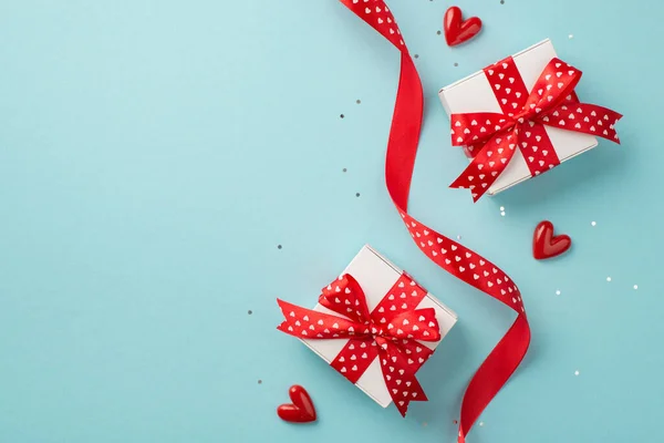 Top View Photo Valentine Day Decorations White Gift Boxes Red — Fotografia de Stock