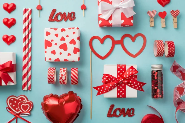 Top View Photo Saint Valentine Day Decor Tools Gift Boxes — Zdjęcie stockowe