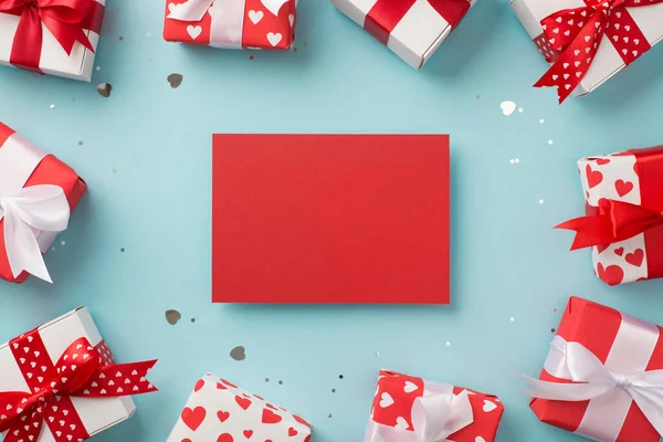 Vue Dessus Des Décorations Saint Valentin Carton Rouge Paillettes Confettis — Photo