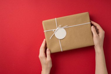 First person top view photo of valentine's day decorations female hands holding kraft paper gift box with small bow and tag on isolated red background with blank space