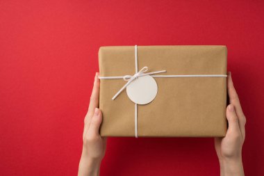 First person top view photo of saint valentine's day decorations female hands holding kraft paper package with small bow and pricetag on isolated red background with empty space