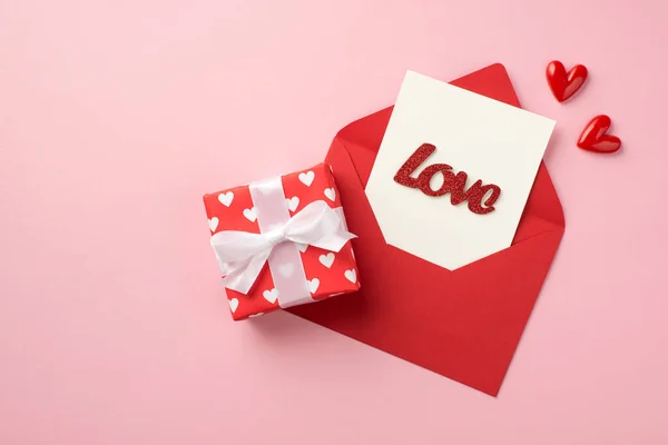 Top View Photo Valentine Day Decorations Small Hearts Giftbox Wrapping — Zdjęcie stockowe