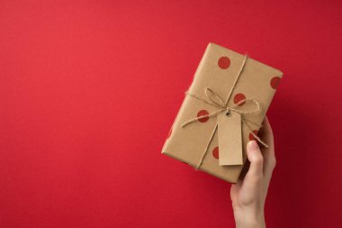 First person top view photo of valentine's day decorations female hand holding kraft paper giftbox with polka dot pattern and twine bow on isolated red background with blank space