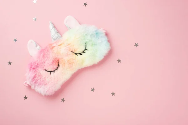 Top View Photo Funny Multicolored Fluffy Unicorn Sleeping Mask Star — Stockfoto