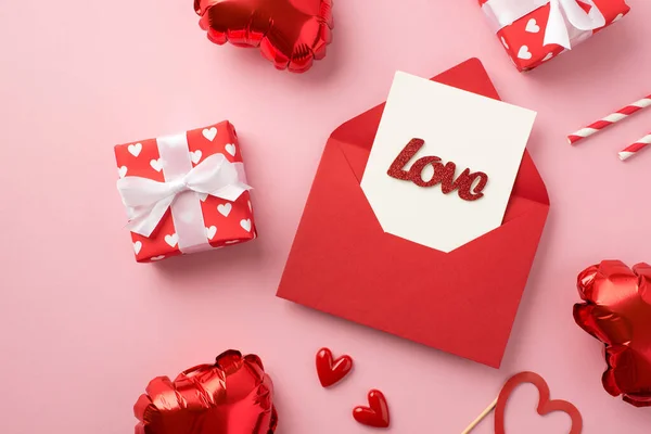 Top View Photo Valentine Day Decorations Envelope Card Inscription Love — Foto de Stock