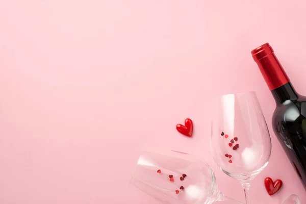 Top View Photo Valentine Day Decorations Small Hearts Two Wineglasses — Foto Stock