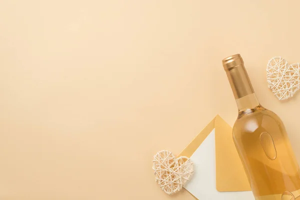Top View Photo Bottle White Wine Decorative Rattan Hearts Envelope — Foto Stock