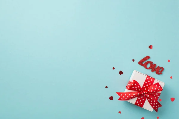 Top View Photo Valentine Day Decorations White Giftbox Red Ribbon — Zdjęcie stockowe