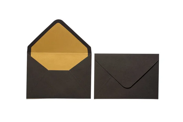 Top View Photo Two Open Closed Stylish Black Envelopes Isolated — Stock Photo, Image