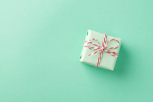 Top View Photo Small Green Gift Box Tied Red White — Stock Photo, Image