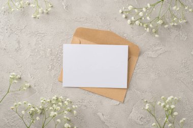 Kadınlar Günü kompozisyon resminin en üst görüntüsü kağıt zarf zarf ve beyaz çigila çiçekleri izole edilmiş gri beton arka plan ve kopyasal alan