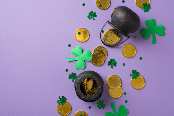 Top view photo of two black pots with golden coins and confetti different size in shape of clovers and dots on isolated violet empty background