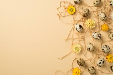 Kahverengi benekli birçok yumurtanın üst görüntüsü farklı boyutlarda ve bej izole edilmiş arka plan boşluğunda saman üzerinde bulunan çok renkli çiçekler