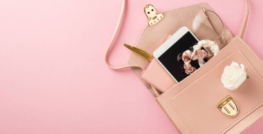 Kadın gündüz kompozisyonu panoramik fotoğraf açık pembe deri çanta akıllı telefon lastikleri şık cam tokalar ve izole edilmiş pastel pembe arka plan üzerinde çayır çiçeği tomurcukları