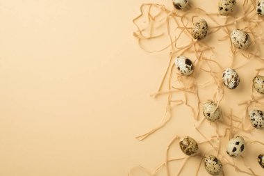 Kahverengi benekli birçok yumurtanın üst görünümü bej izole edilmiş arka plan telif uzayı üzerinde saman üzerinde farklı boyutlarda konumlar