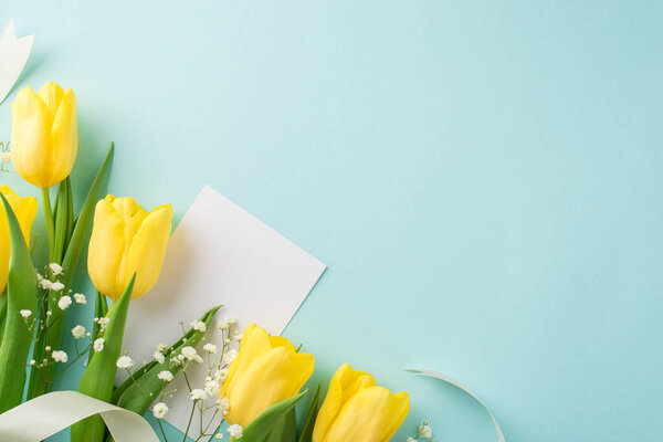 Top view photo of woman's day composition paper card bouquet of yellow tulips white gypsophila and white ribbon on isolated pastel blue background with blank space