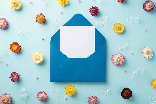 Top View Photo Big Open Blue Envelope Card Many Different — стоковое фото