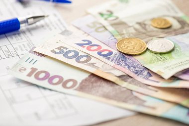 Kalem faturalarının fotoğrafını kapat Ukrayna Hryvnia banknotları ve sikkeleri