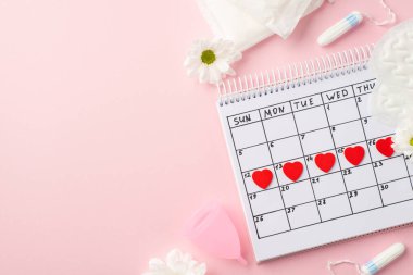 Takvimdeki kırmızı kalp izlerinin üst görüntüsü papatya tomurcukları adet bardağı hijyenik pedleri ve boş arkaplanlı izole edilmiş pastel pembe tamponlar.