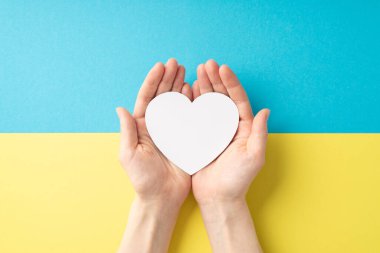 Ukrayna 'daki savaşı durdurun. Tepeden bakıldığında, kızın ellerinin avuçlarında beyaz bir kalple görsel telif boşluğuyla ulusal bayrağın üzerinde durduğunu görüyoruz.