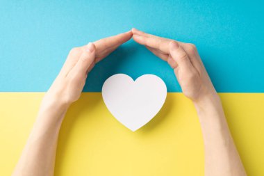 Uçuş bölgesi konsepti yok. Beyaz kalbi ulusal bayrak üzerinde koruyan bir kızın el fotoğrafı.