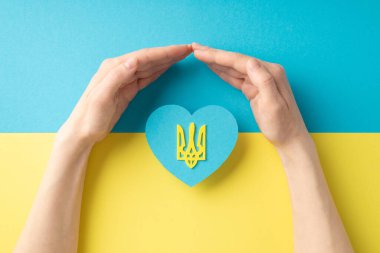 Ukrayna üzerinde uçuş bölgesi yok. Mavi kalbi ulusal bayrağın üzerinde altın mızrakla koruyan bir kızın el fotoğrafı.