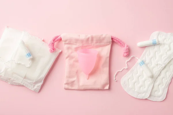 Horní Pohled Fotografie Růžové Doby Podložka Taška Menstruační Šálek Hygienické — Stock fotografie