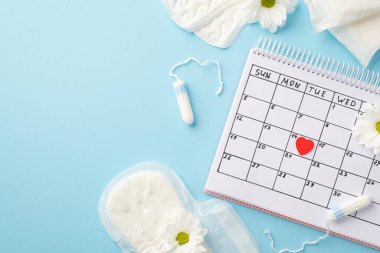 Takvimdeki kırmızı kalp işaretinin üst görüntüsü hijyenik peçeteler tamponlar ve izole edilmiş pastel mavi arka planda papatya tomurcukları boş alan
