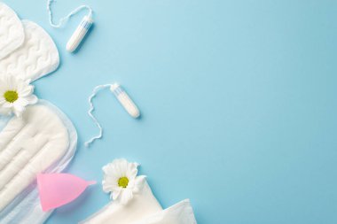 Papatya tomurcuklarının üst görüntüsü hijyenik peçeteler pembe regl kupası ve izole edilmiş pastel mavi arka planda boş alan olan tamponlar.