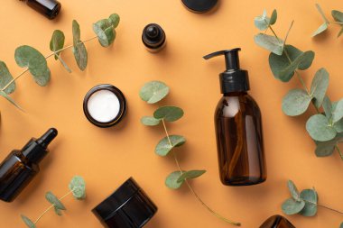 Doğal kozmetik kavanozlu cam şişelerin, izole edilmiş bej arka planda krema ve okaliptüs ile en üstteki fotoğrafı.